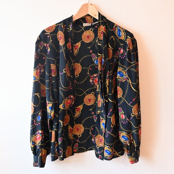 Vintage Marlis Secretary Blouse Black Retro Chain Print Pattern 12 - Picture 2 of 4